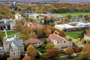 Aerial view of Oberlin College's campus in the fall.